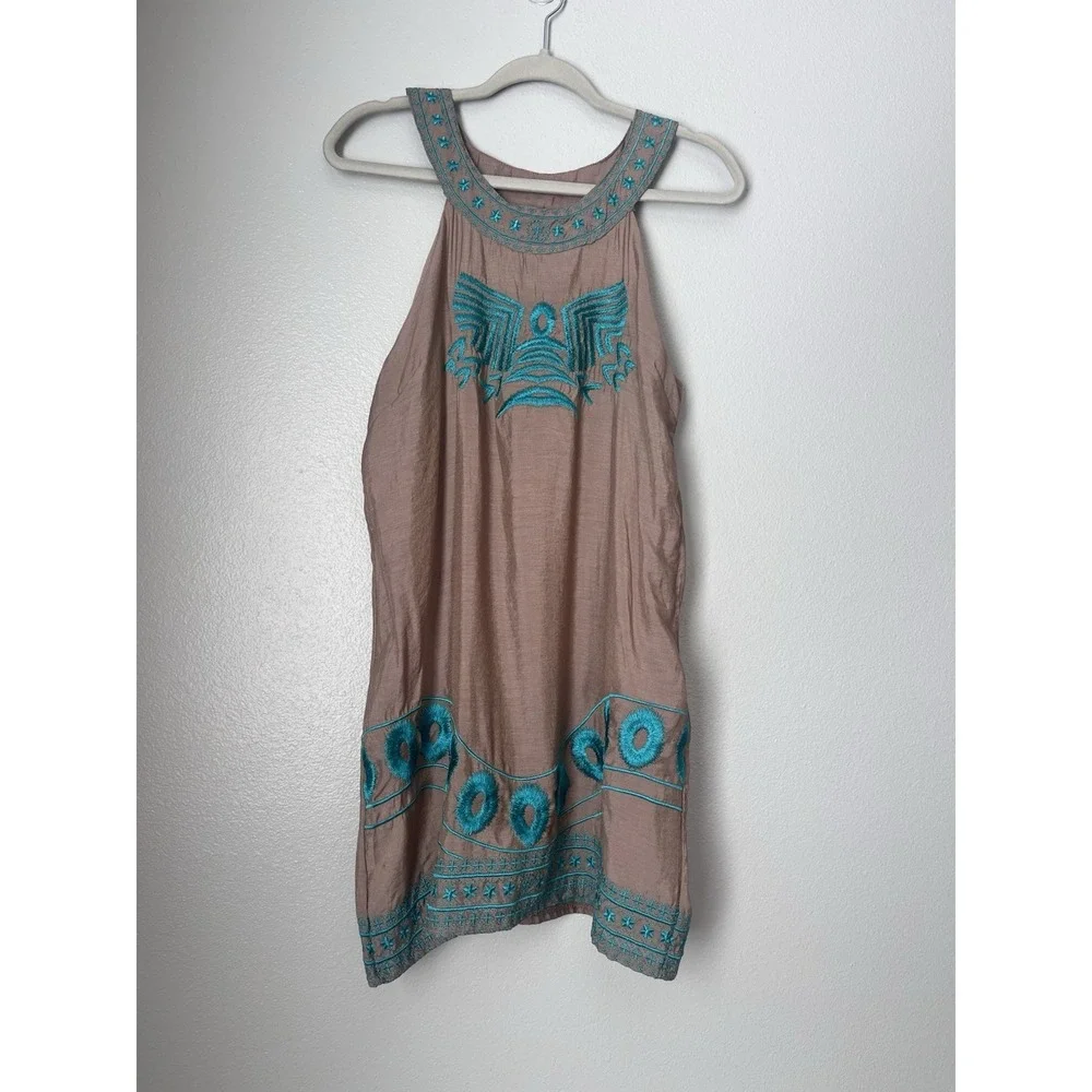 Urban Mangoz Women's M Sleeveless Dress Tan Turquoise Embroidered Casual Tunic - Picture 1 of 8